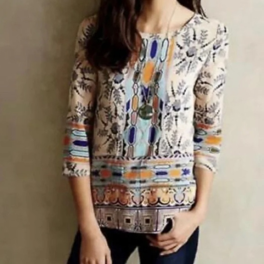 EUC Maeve Anthropologie Multi-Color Button Back 100% Silk Sydney Blouse Top Sz 4
